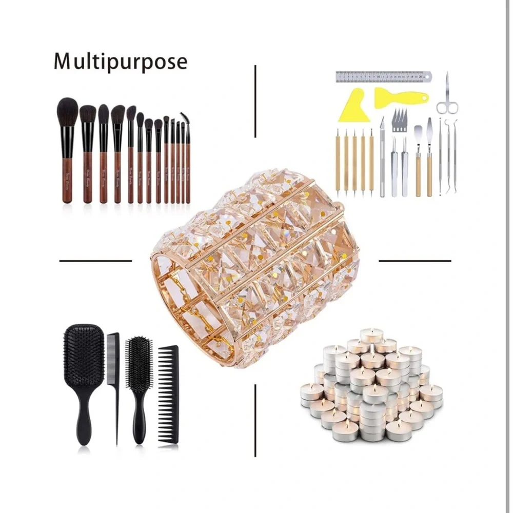 Makeup Brush Caddy/Holder - Set of 2 Round Gold-tone with Crystal Accents